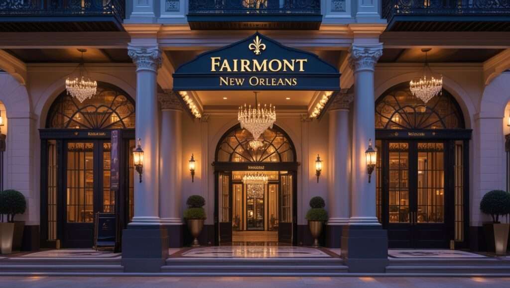 A beautiful image of Fairmont New Orleans, showcasing its grand historic façade with columns, intricate detailing, and ornate ironwork at the entrance. Inside, the lobby blends old-world charm with modern luxury, featuring crystal chandeliers, marble floors, and contemporary décor.