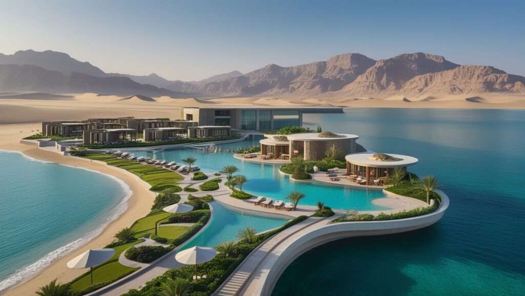 A stunning image of Four Seasons Resort and Residences AMAALA at Triple Bay, Saudi Arabia, featuring modern architecture with natural stone, glass, and organic materials. The resort’s infinity pools overlook the turquoise sea, surrounded by lush landscaping and serene walkways, with mountains in the background.