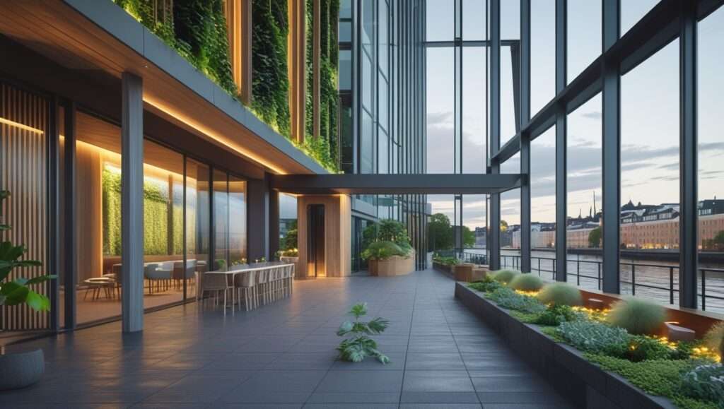 A stunning image of Hotel Copenhagen, a modern sustainable luxury hotel with a sleek glass-and-wood façade, lush vertical gardens, and panoramic views of Copenhagen’s waterfront. The eco-friendly design features natural materials, solar panels, and a serene rooftop garden.