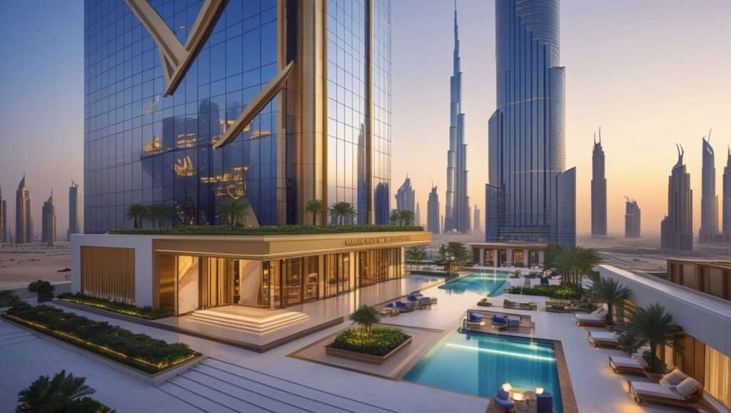 A stunning image of Mandarin Oriental Downtown, Dubai, featuring a sleek glass façade and modern architectural design. The rooftop pool offers views of the Burj Khalifa and the city skyline, while the luxurious entrance is framed by elegant marble and soft lighting.