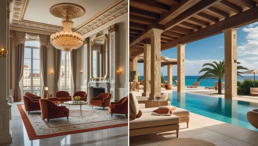 A split-screen image showcasing the distinct elegance of Mandarin Oriental, Vienna, and Mandarin Oriental, Mallorca. The left side features the opulent interior of the Vienna hotel with grand European design, while the right side highlights the serene Mediterranean retreat of the Mallorca hotel with coastal charm.