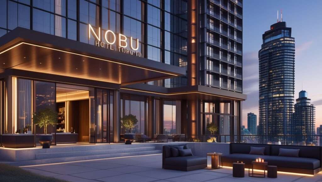 A stunning image of NOBU Hotel Toronto, featuring sleek modern architecture with a glass façade, minimalistic Japanese-inspired design, and warm lighting. The rooftop lounge offers panoramic views of downtown Toronto and the CN Tower, with elegant seating and upscale ambiance.