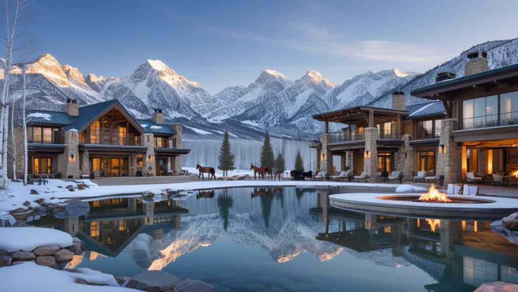 A stunning image of One&Only Moonlight Basin, Montana, with rustic stone and wood architecture blending into the mountain landscape. Snow-capped peaks and a serene alpine lake reflect the beauty of the surrounding wilderness, while guests enjoy outdoor activities and luxury amenities.