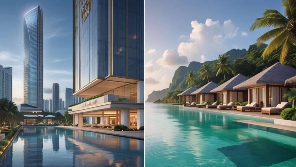A side-by-side image of Park Hyatt Kuala Lumpur and Park Hyatt Phu Quoc. On the left, the sleek, modern Park Hyatt Kuala Lumpur with a glass façade and city skyline views. On the right, the serene beachfront luxury of Park Hyatt Phu Quoc with tropical villas, infinity pools, and lush greenery.
