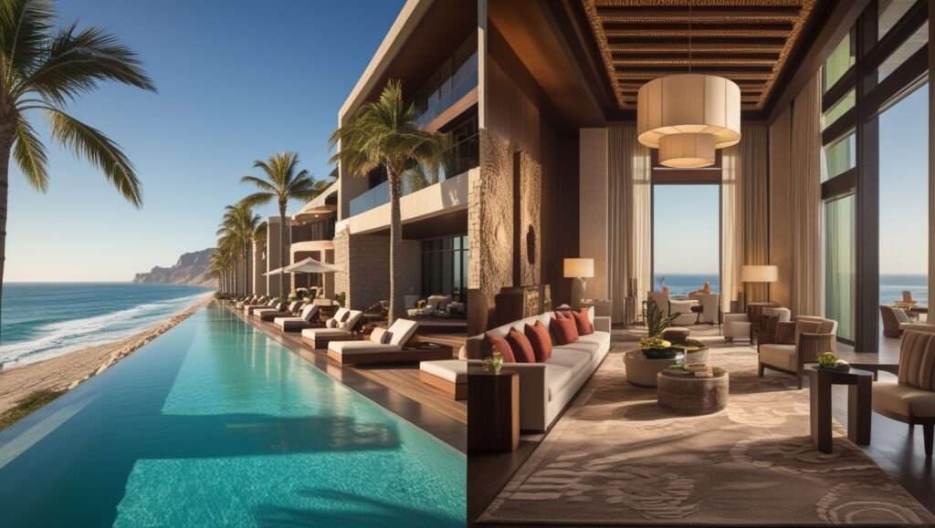 A side-by-side image of Park Hyatt Los Cabos at Cabo del Sol. The left side showcases the resort’s beachfront infinity pool with elegant lounge areas, swaying palm trees, and modern architecture blending into Baja California’s coastal landscape. The right side highlights the luxurious interiors, featuring high ceilings, artisanal décor, and floor-to-ceiling windows offering breathtaking ocean views.