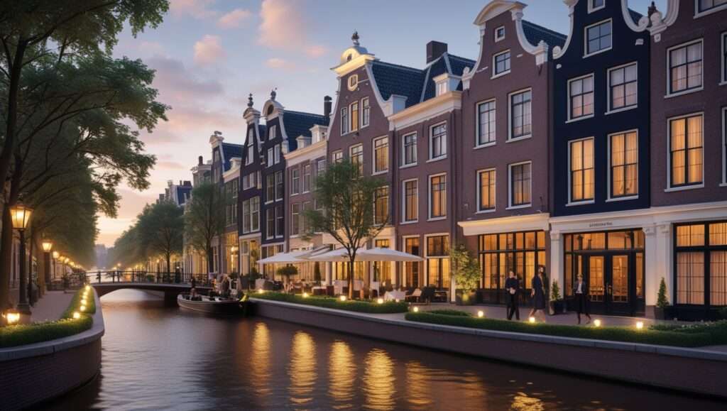 A stunning image of Rosewood Amsterdam, a luxury hotel blending historic Dutch architecture with modern sophistication. The canal reflects the golden glow of ambient lighting, with tree-lined streets and an elegant entrance exuding European opulence.
