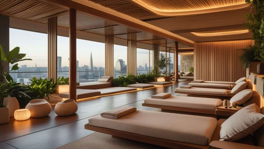 A luxurious and serene interior of Six Senses London, featuring warm lighting, wooden textures, lush greenery, and a spacious wellness lounge with plush seating and floor-to-ceiling windows overlooking the city skyline.