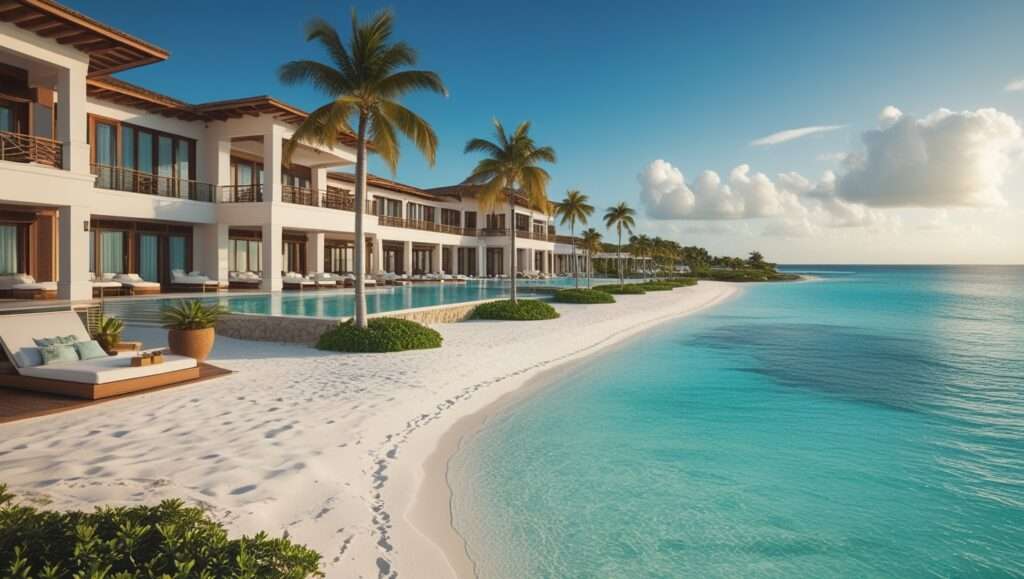 A breathtaking image of The St. Regis Cap Cana Resort, featuring stunning beachfront views with white sand and turquoise waters. The elegant architecture combines modern luxury with Caribbean charm, with infinity pools, private cabanas, and palm trees creating a serene and exclusive atmosphere.