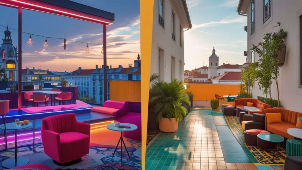 A split-screen image showcasing The Standard, Brussels, and The Standard, Lisbon. The Brussels side features a bold, modern design with vibrant colors, contemporary furniture, and a stylish rooftop bar overlooking the city. The Lisbon side exudes relaxed sophistication with a sunlit terrace, colorful tiles, and lush greenery, offering views of the Tagus River and Lisbon’s terracotta rooftops.