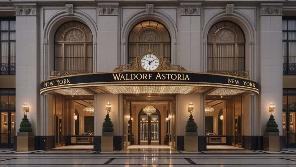 A captivating image of Waldorf Astoria New York, showcasing its timeless Beaux-Arts exterior with a majestic stone façade, iconic clock, and grand entrance. Inside, the opulent lobby exudes classic luxury with crystal chandeliers, marble floors, and vintage décor, blending modern updates with historical charm.