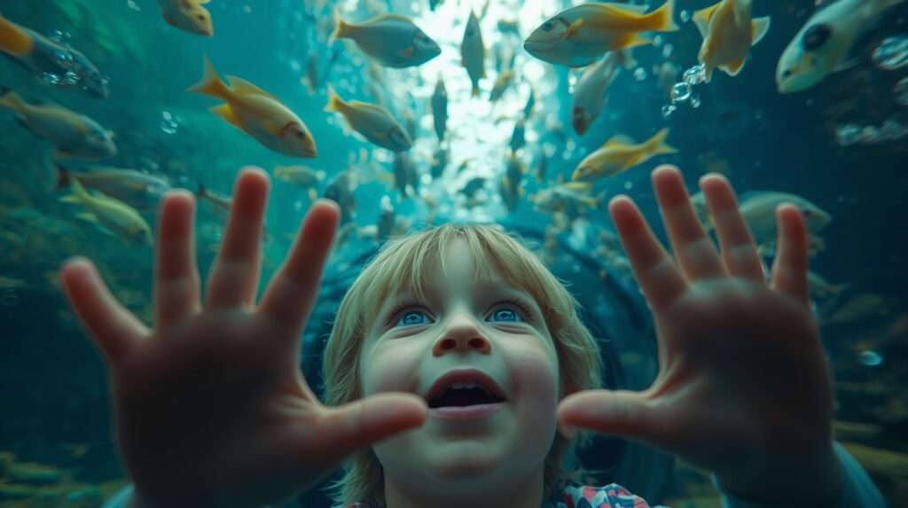 Social Media travel Child’s POV exploring an aquarium tunnel, capturing a magical core memory inspired by social media travel trends.