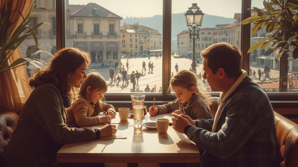 Social media travel trends Family enjoying a peaceful slow-travel moment at a café, inspired by social media travel trends.