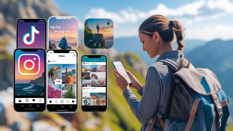 A collage of phone screens showing TikTok, Instagram, and Pinterest travel content