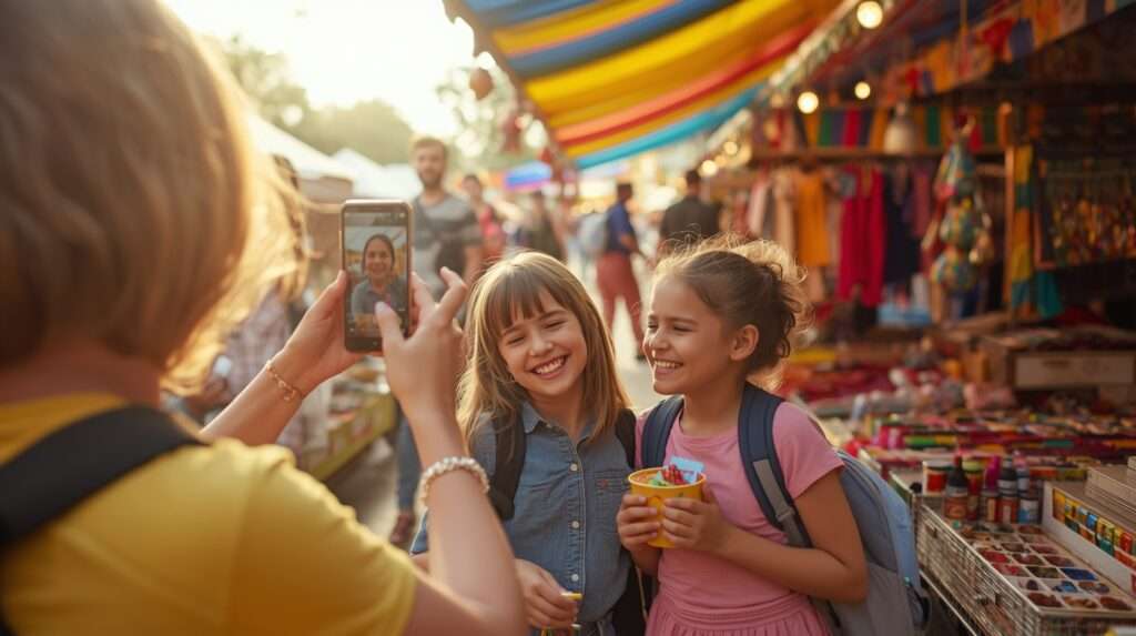 Social media trends Family exploring a colorful outdoor market inspired by social media travel trends, kids collecting souvenirs while parents film fun moments.