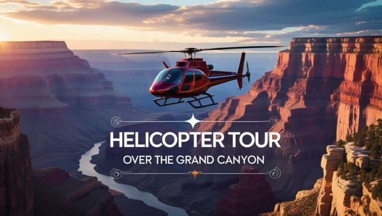 Helicopter flying over the Grand Canyon at sunset with scenic canyon views below.