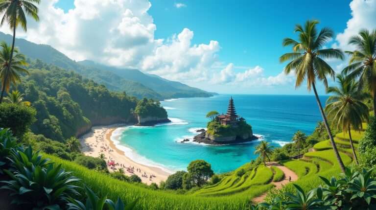 Best time to visit Bali in 2026 – sunny beach with clear skies, lush rice terraces, and Balinese temple during cultural festival.