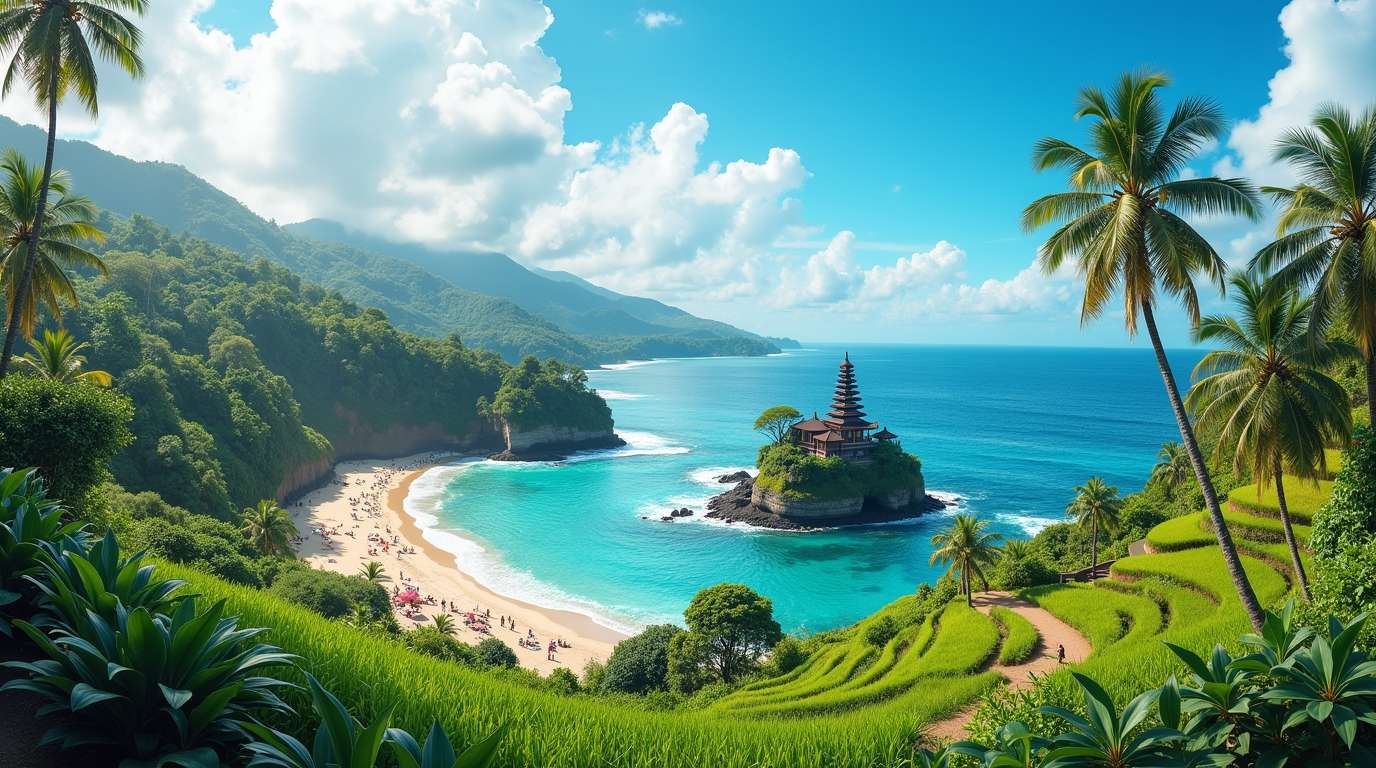 Best time to visit Bali in 2026 – sunny beach with clear skies, lush rice terraces, and Balinese temple during cultural festival.