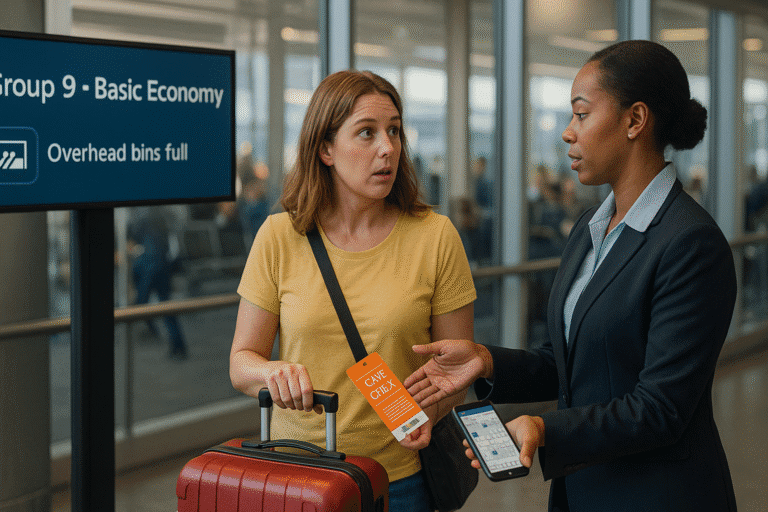 Gate agent hands a gate-check tag to a surprised traveler with a red suitcase.