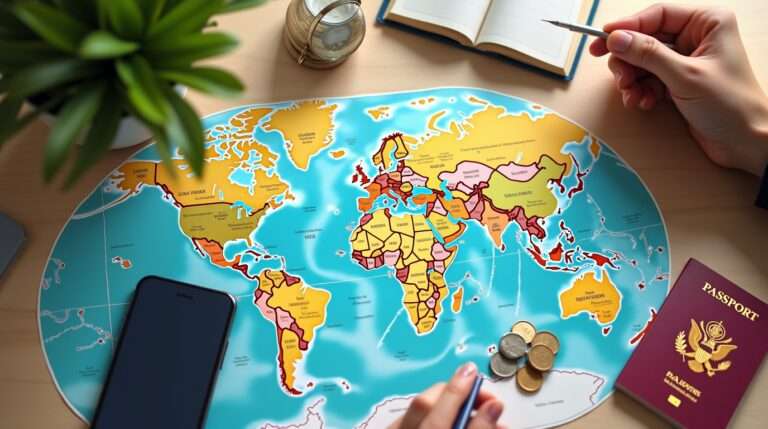 Travel planning essentials including passport, map, calendar, smartphone, and budget tools for saving time, money, and reducing stress.