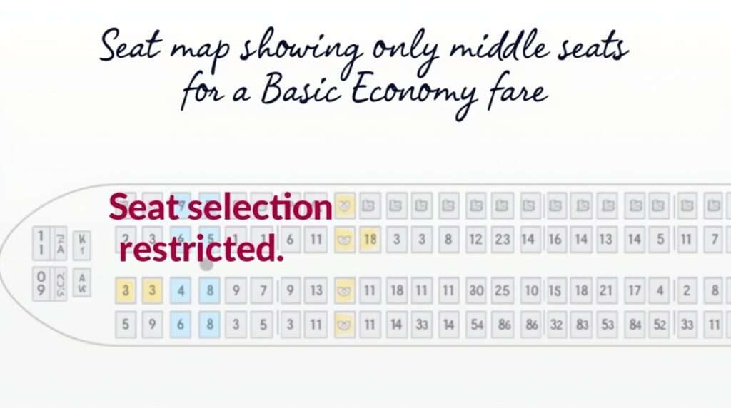 Basic Economy Booking Mistakes a seat map for an airplane, with all window and aisle seats greyed out and unselectable, while only the middle seats are available for selection