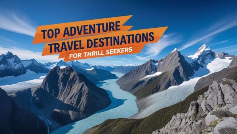 Adventurer standing on a mountain peak overlooking dramatic landscapes, symbolizing top adventure travel destinations for thrill seekers.
