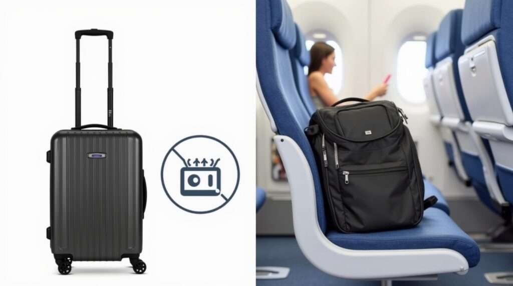 Basic Economy Booking Mistakes Comparison of a roller not included with Basic Economy versus an under-seat personal item that fits.