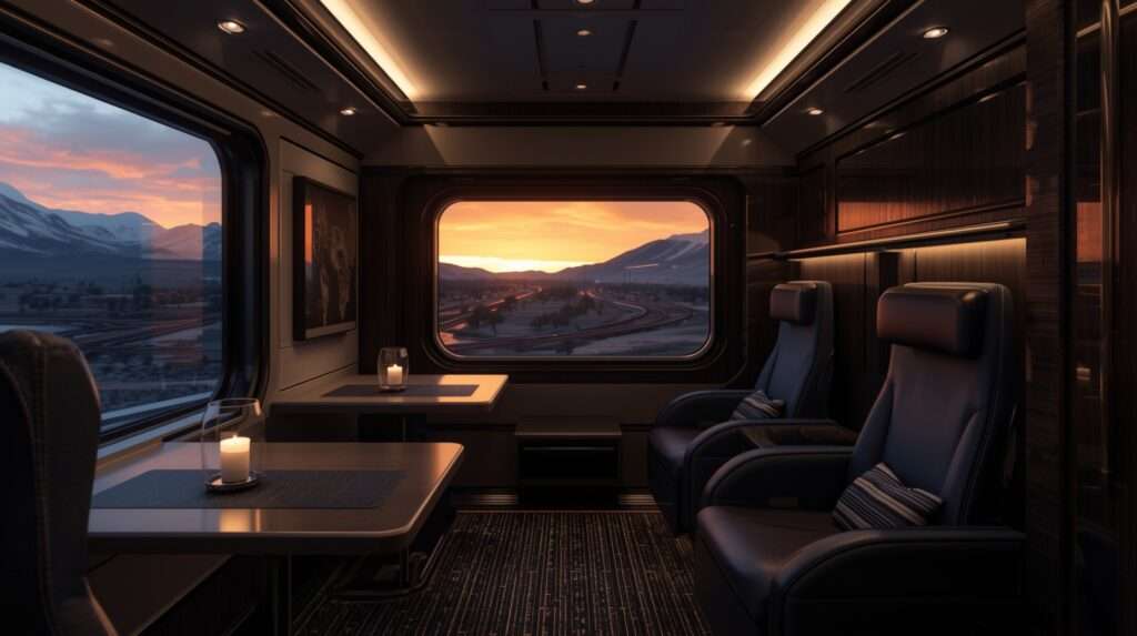 Sustainable travel 2026 "Modern electric night train interior with panoramic window showing mountains at sunset, comfortable sustainable luxury