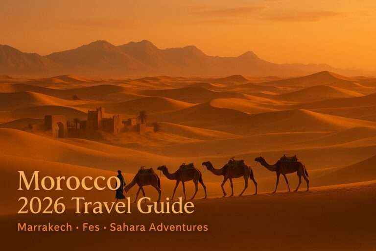 Morocco 2026 Travel Guide Camel caravan crossing golden Sahara Desert dunes at sunset, with Atlas Mountains in the distance and Moroccan kasbahs silhouetted against a warm twilight sky.