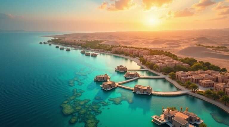 Saudi Arabia Travel 2026 Panoramic view of Saudi Arabia’s Red Sea coast with luxury overwater villas and coral reefs, alongside AlUla’s sandstone tombs and Diriyah heritage architecture at sunset.