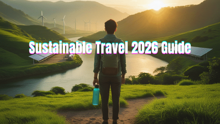 Sustainable travel 2026 guide — traveler overlooking eco landscape with wind turbines, solar boats, and sunrise over green hills.