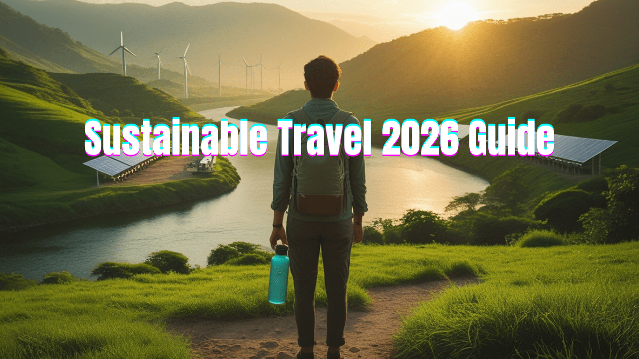 Sustainable travel 2026 guide — traveler overlooking eco landscape with wind turbines, solar boats, and sunrise over green hills.