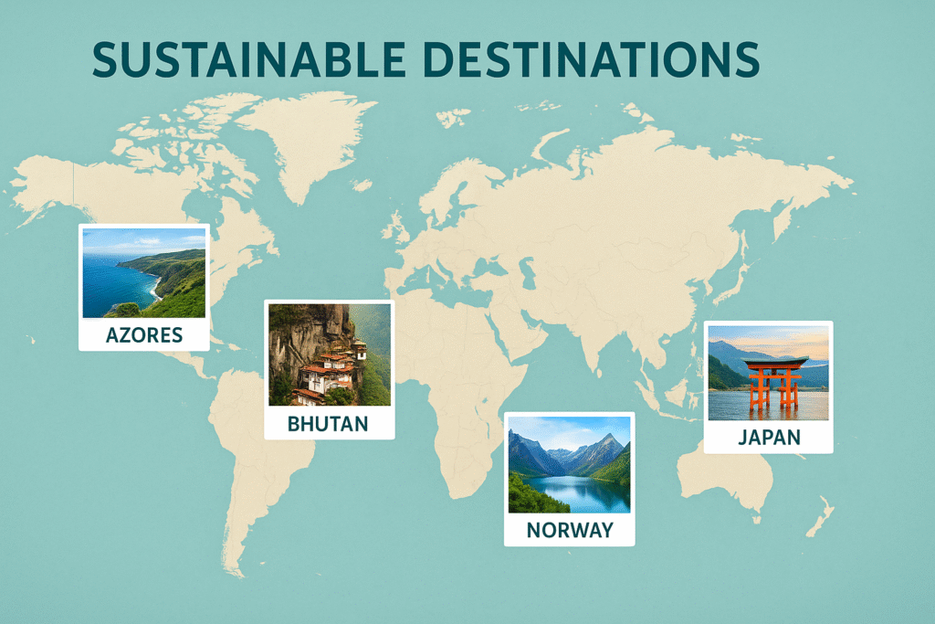 Sustainable travel 2026 World map highlighting five sustainable travel destinations with inset photos of the Azores, Bhutan, Costa Rica, Norway, and Japan.