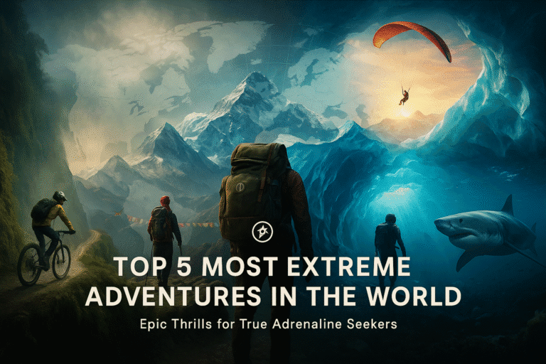 Global extreme adventures including a cyclist on Bolivia's Death Road, a hiker on Everest Base Camp trail, an explorer in an Iceland ice cave, a driver near a Great White Shark, and paraglider soaring above the Himalayas at sunrise.