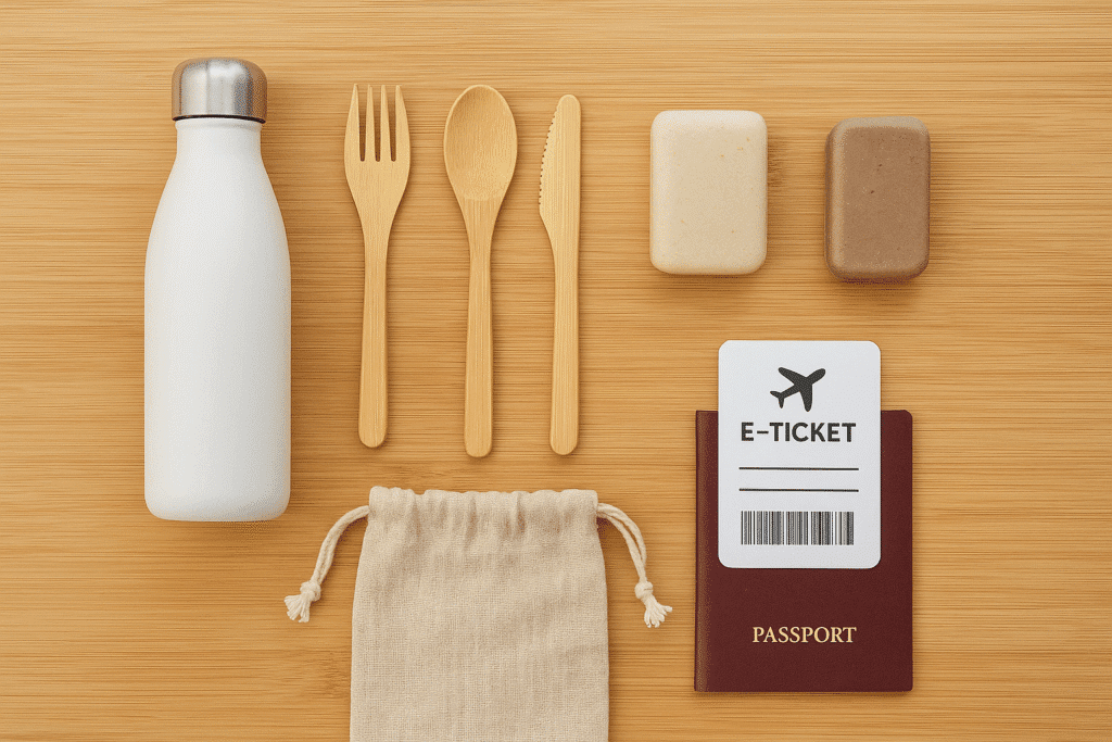 Sustainable travel 2026 Minimalist flat lay of essential sustainable travel items on bamboo: reusable bottle, utensils, solid toiletries, linen bag, passport with e-ticket