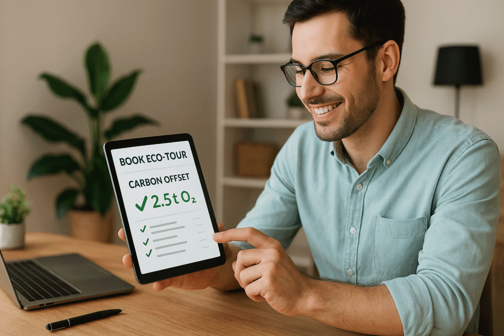 Sustainable travel 2026 Sustainable travel planning: person using tablet to book eco-tour with carbon offset verification