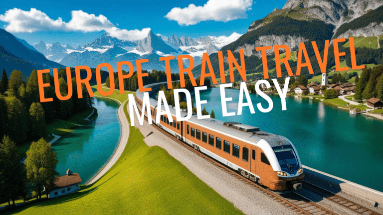 The Grand European Rail Journey: A scenic European train traveling through the countryside with mountains and villages in the background, representing a 2-week Europe itinerary by train.