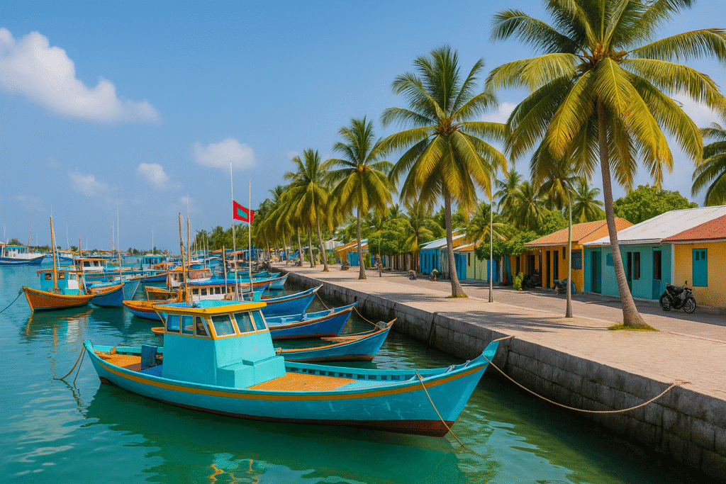 Maldives travel guide Local Maldivian island harbor with fishing boats and palm trees.
