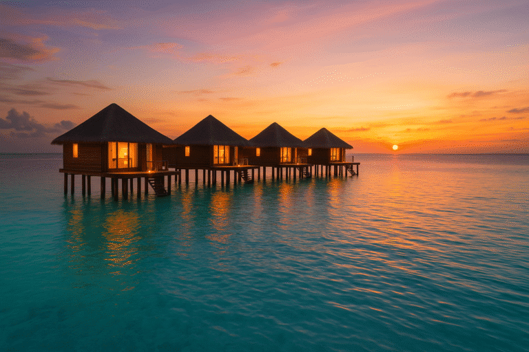 Maldives travel guide Overwater villas in the Maldives at sunset above a turquoise lagoon.