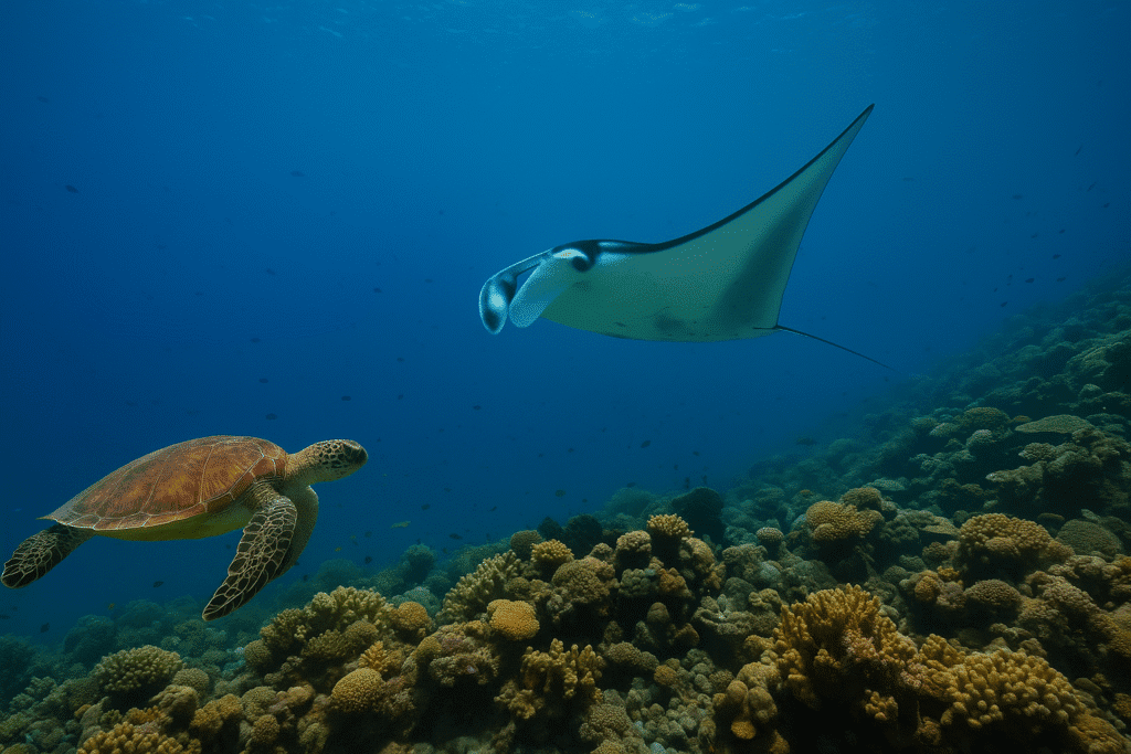 Maldives travel guide Snorkeler observing a sea turtle over a coral reef in the Maldives.