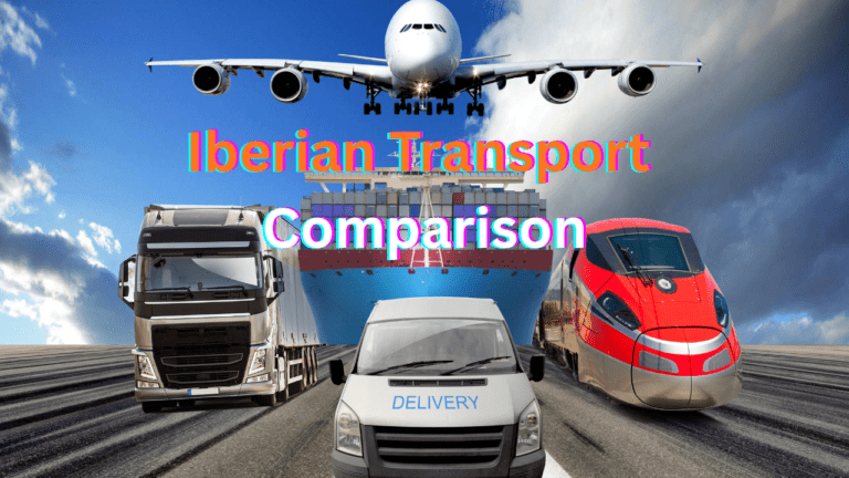 Iberian Transport Comparison Sustainable transport options in Iberia, featuring an electric train and bus connecting Lisbon and Seville.