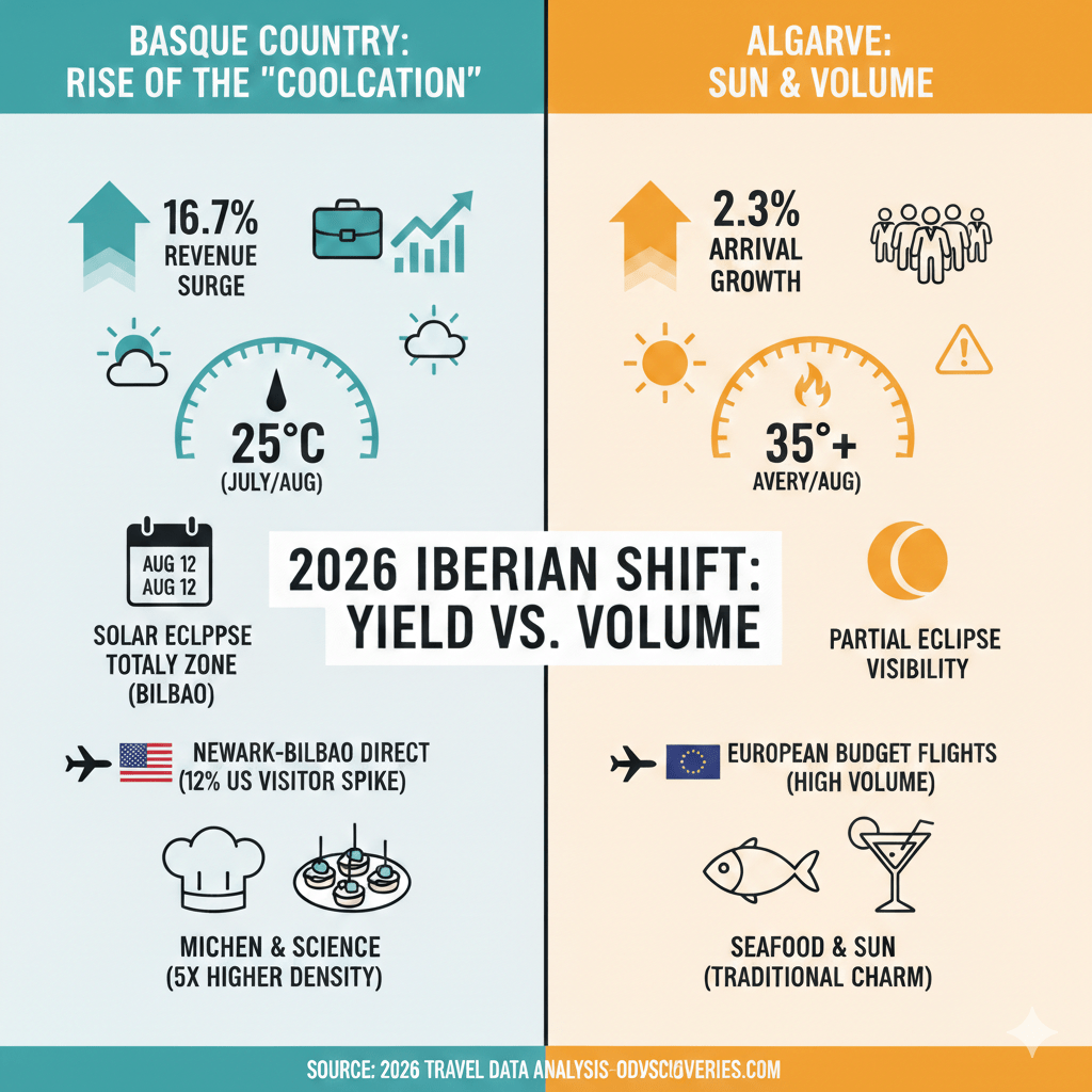 Infographic comparing 2026 Basque Country revenue surge (16.7%) vs Algarve arrival growth (2.3%) - Odyssey Discoveries.