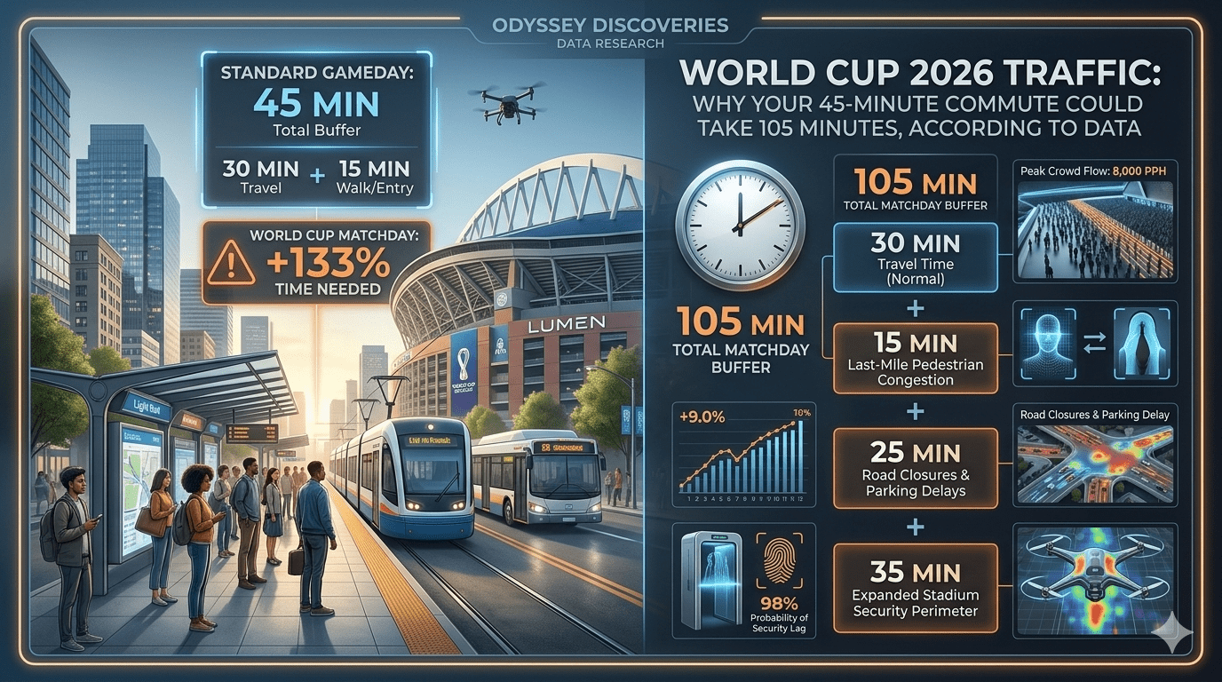 Logistics infographic comparing standard 45-minute commute times to the 105-minute World Cup 2026 transit buffers required on match day.